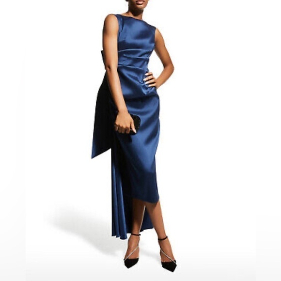 Aidan Mattox Cocktail Midi Dress Blue Bow in the back Size 8 satin - Picture 1 of 10
